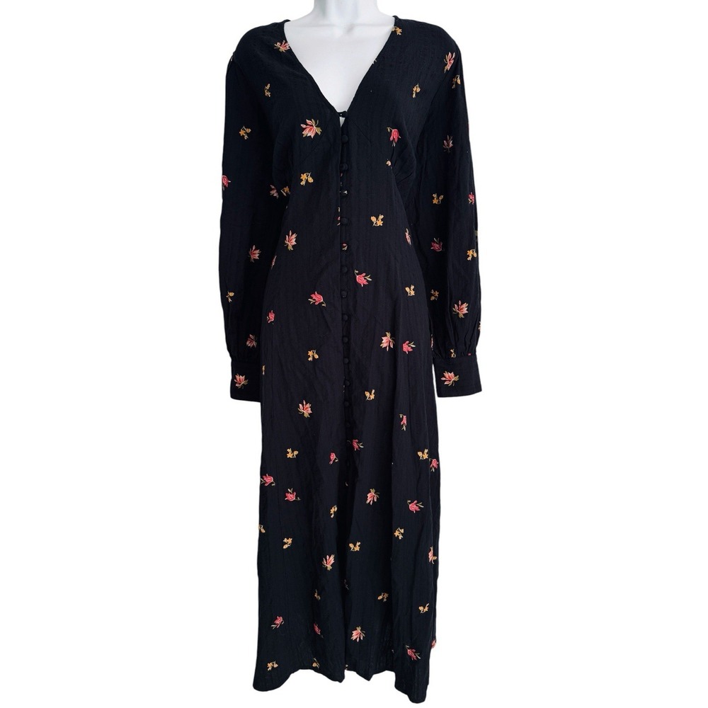 Nobody's Child Dress 14 Black Midi Floral Button Seersucker Boho Cottagecore